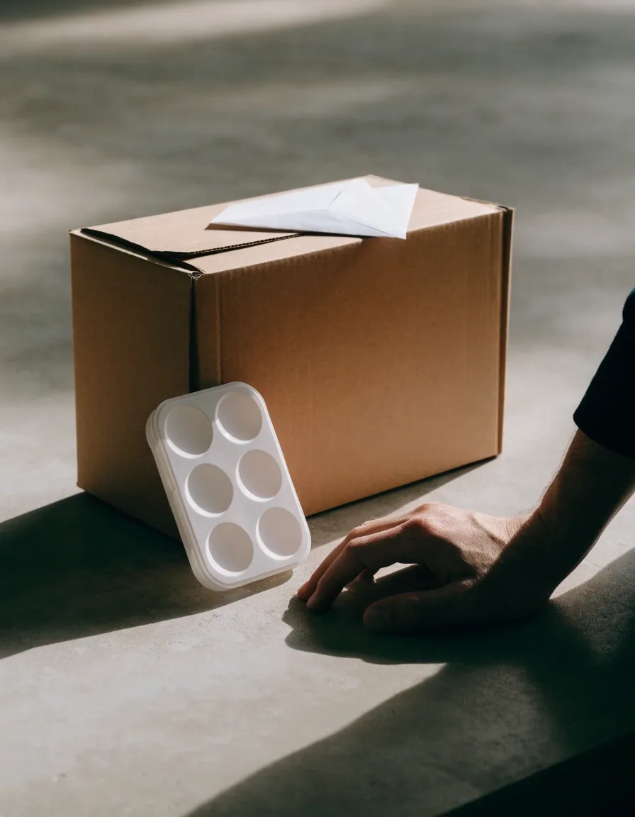 A weekly dose tray on the edge of a plain shipping carton beside a closed envelope on a counter