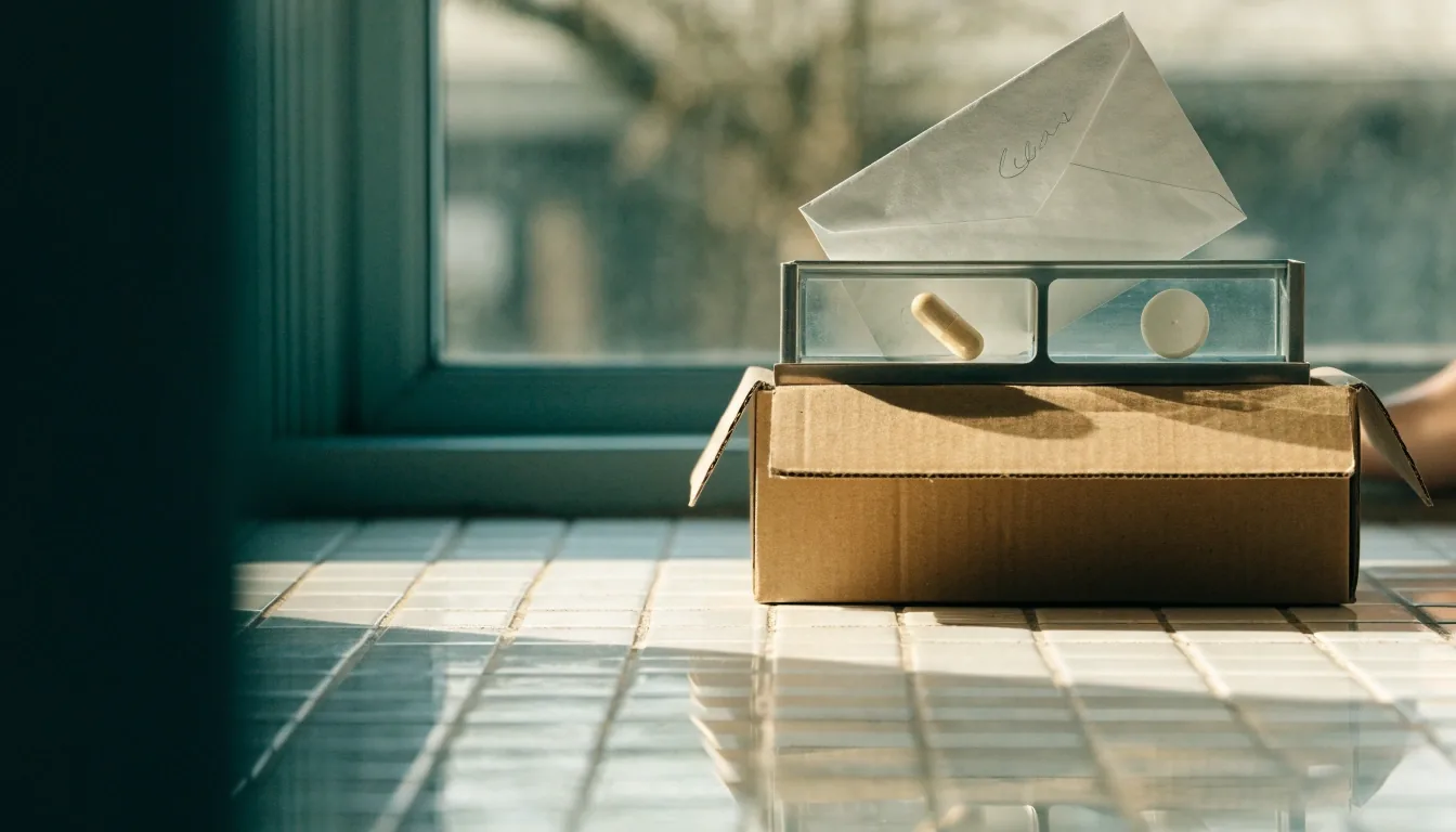 A weekly dose tray and a plain envelope resting on the edge of a shipping carton on a counter