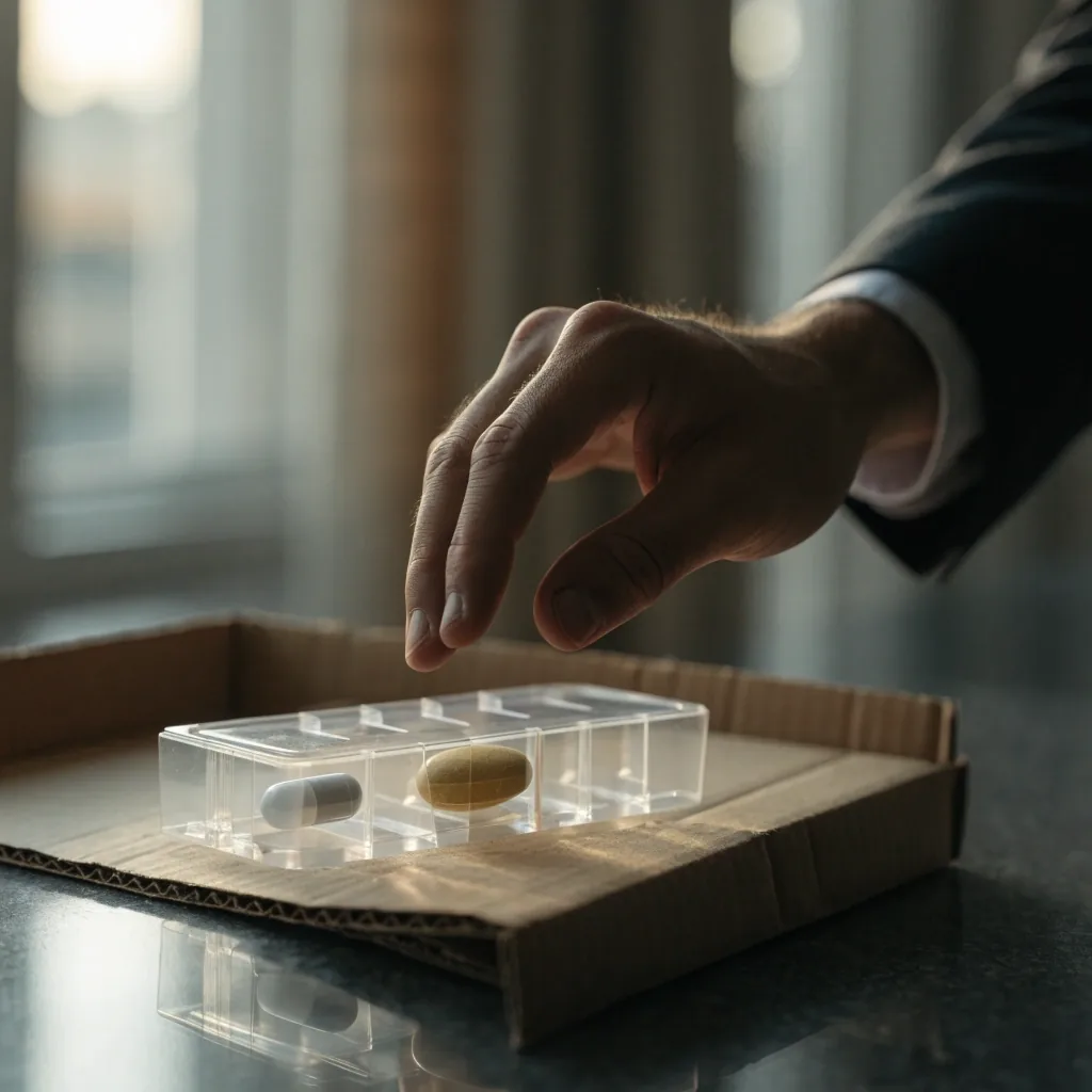 A hand turning an unbranded supplement pack over above a weekly dose tray