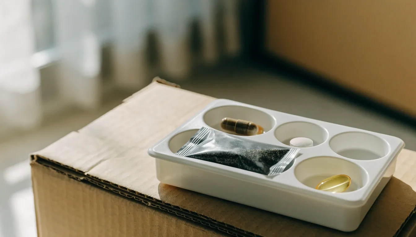 Four supplement formats laid out one per well on a white tray