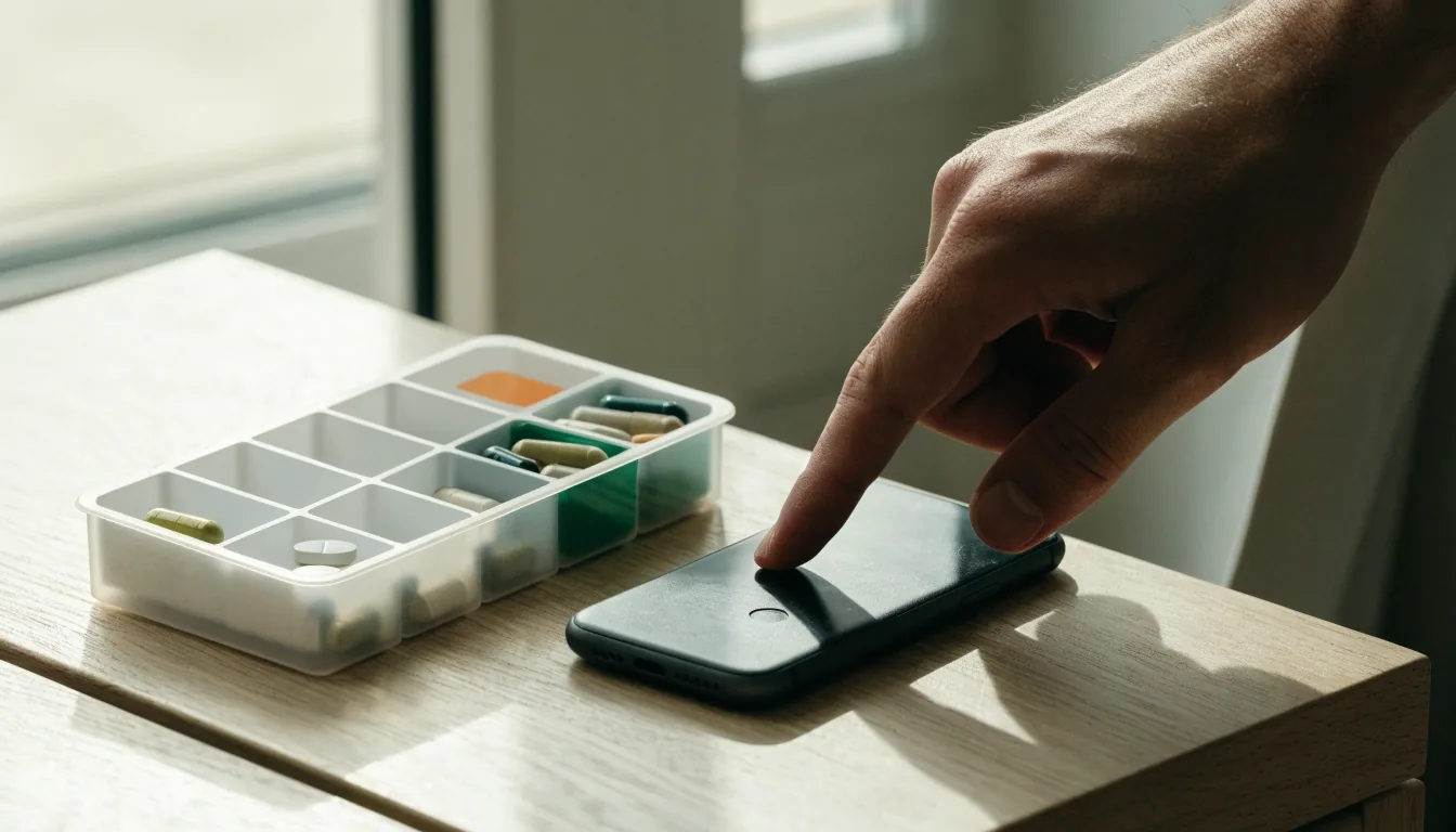 Desk with an unmarked notebook, face-down phone and closed tray under soft morning light