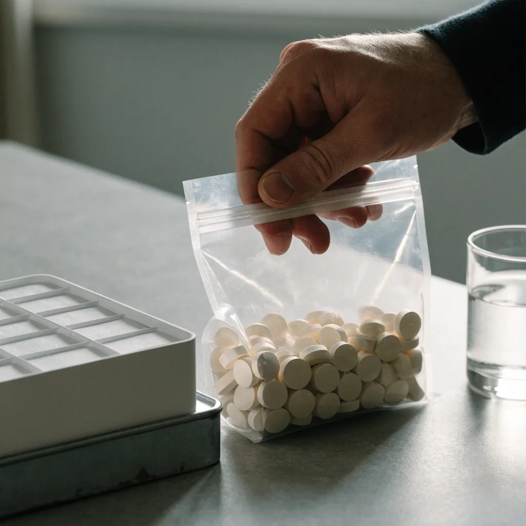 Hand closing an unmarked supplement pouch beside a closed organizer tray on a matte counter