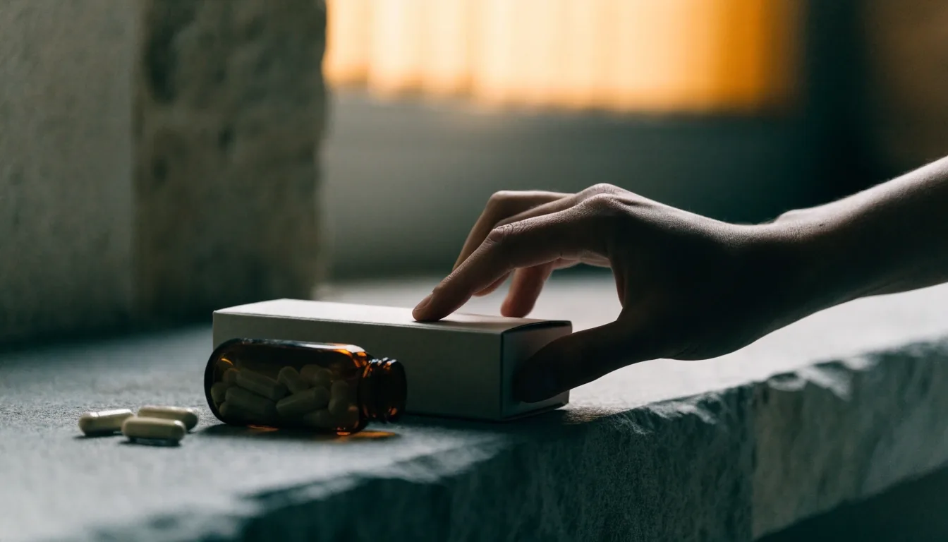 Unmarked supplement tray and amber bottle on a dark counter under cool overhead light