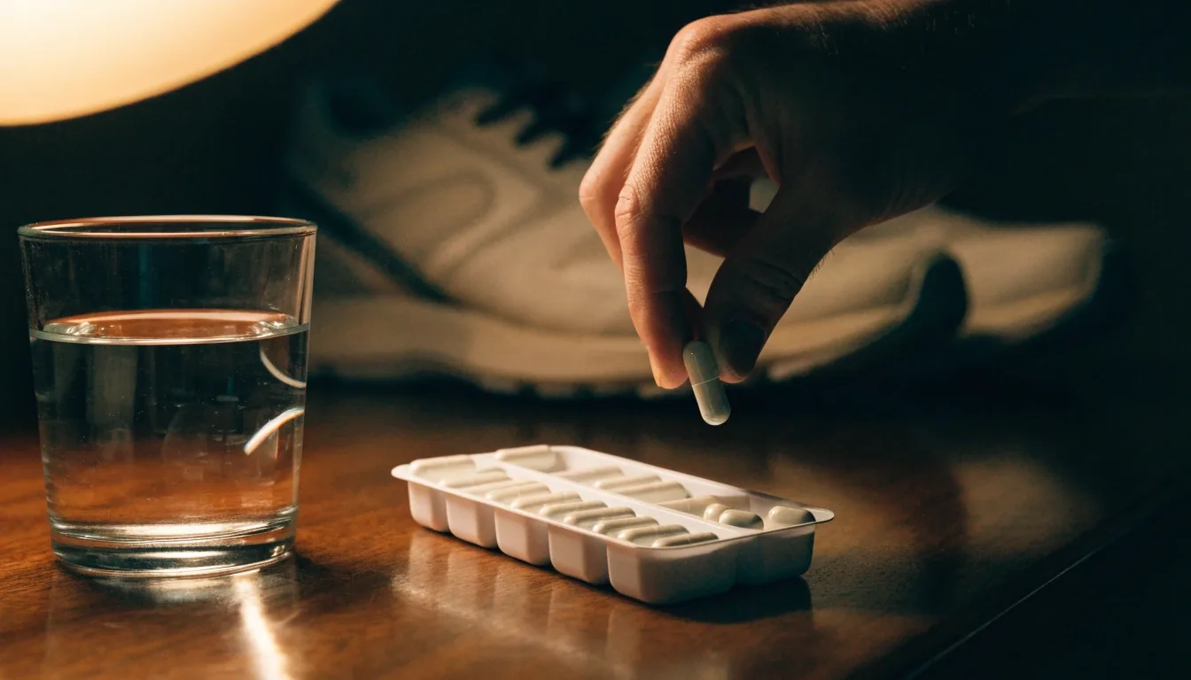 A water glass, a folded running shoe and a closed tray on a bedside surface at night