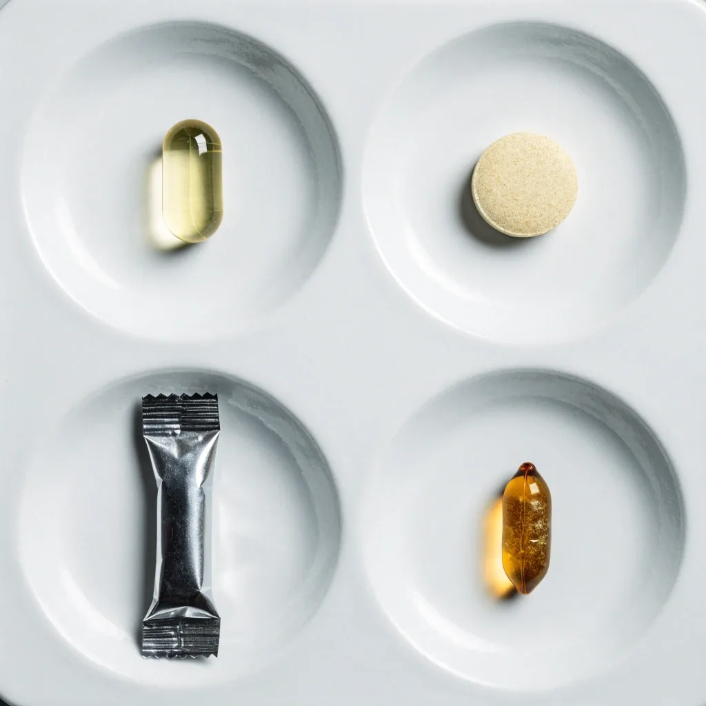 A capsule, a tablet, a sachet and a softgel each resting alone in separate recessed wells on a white surface