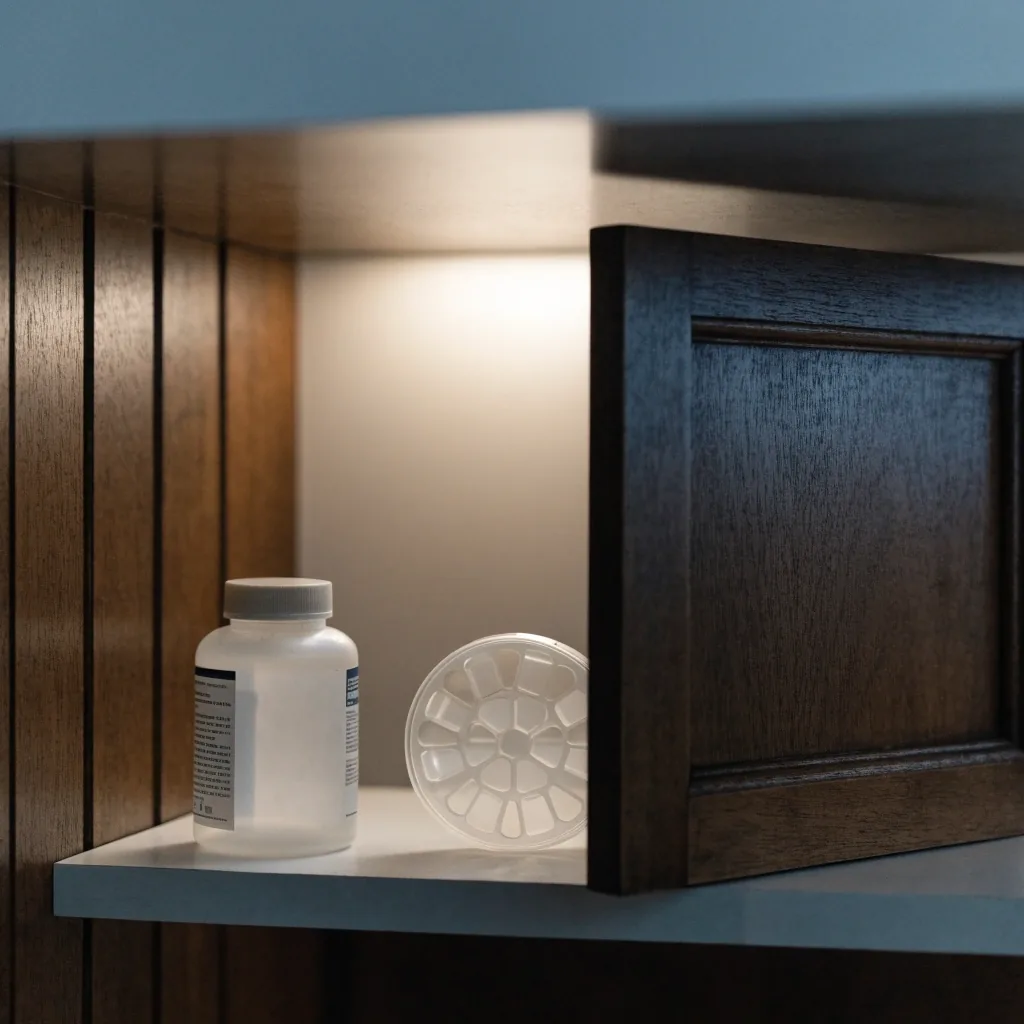 A sealed supplement bottle and an open tray on a cool cupboard shelf, labels turned away
