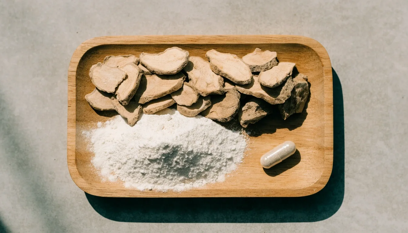 An unbranded white supplement pack laid face-down beside an open tray on a matte tile surface