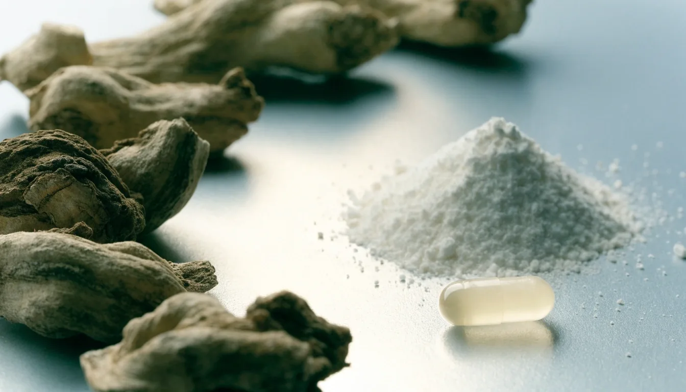 Dried maca root pieces, a small heap of root powder, and one filled capsule on a matte grey surface