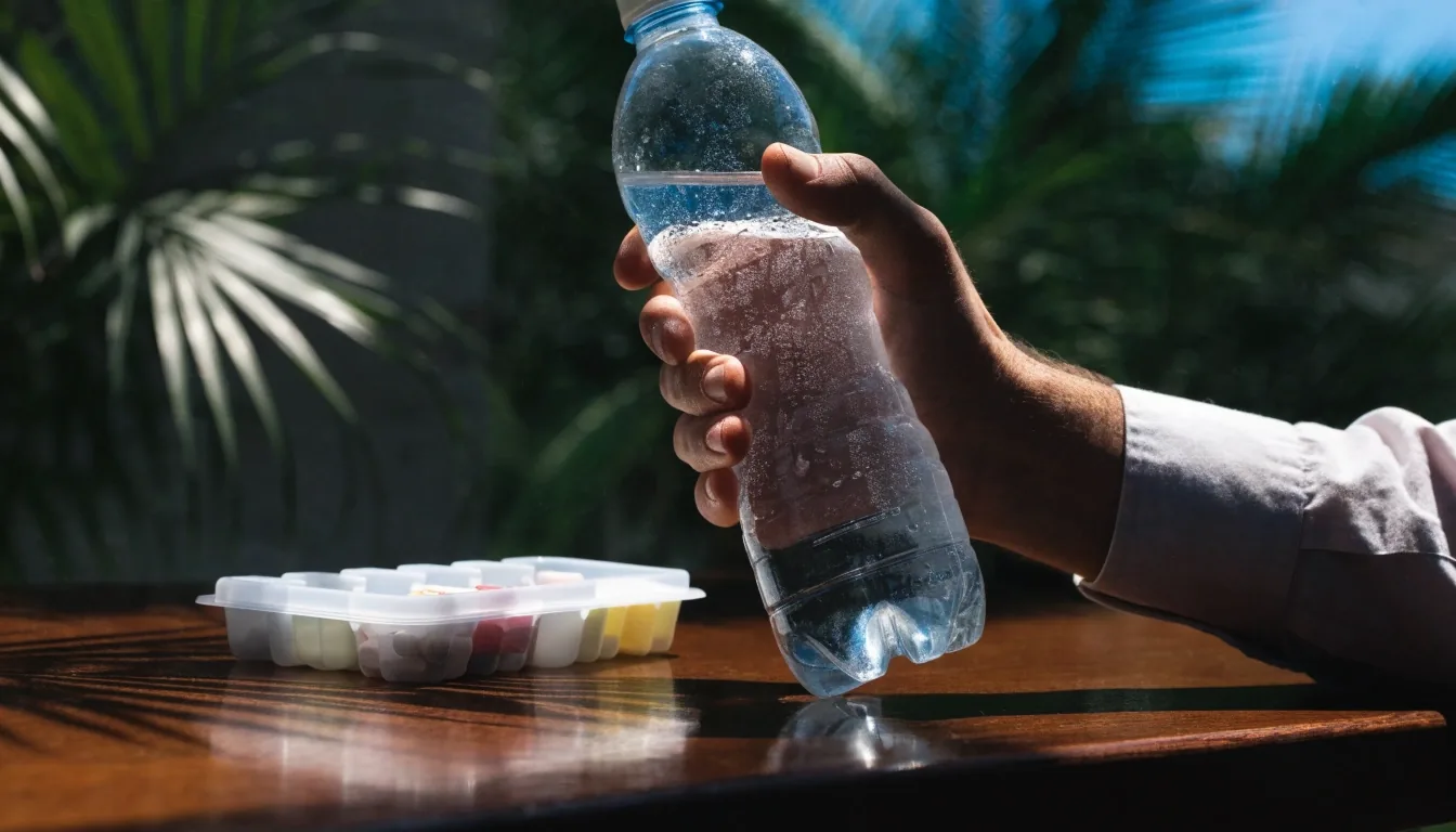A filled water bottle and a closed weekly dose tray on a bright office desk at midday