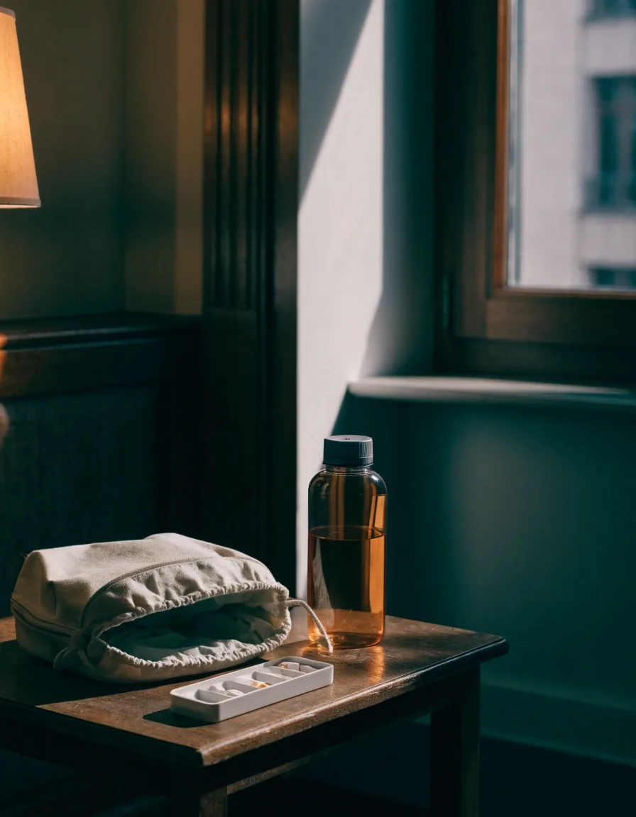 A travel pouch open on a hotel-room table beside a sealed dose tray and a water bottle