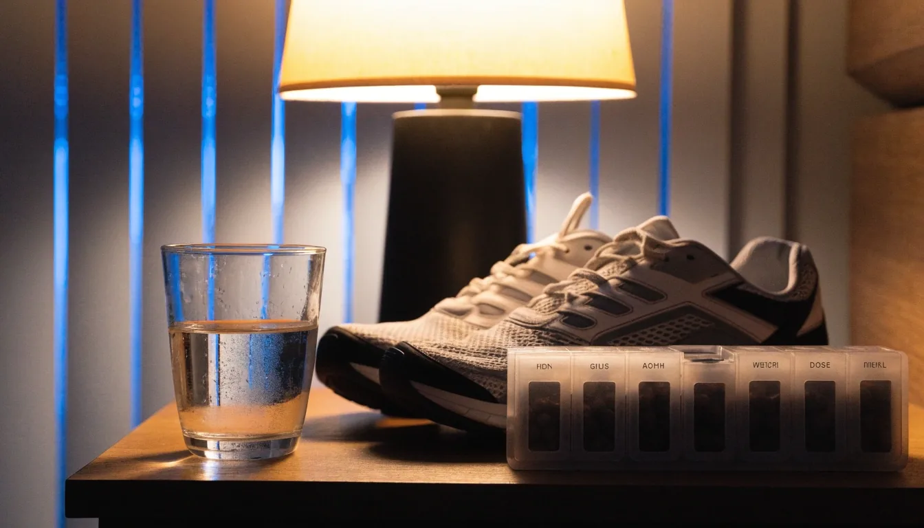 Water glass, folded running shoe and a closed weekly dose tray on a bedside surface at night