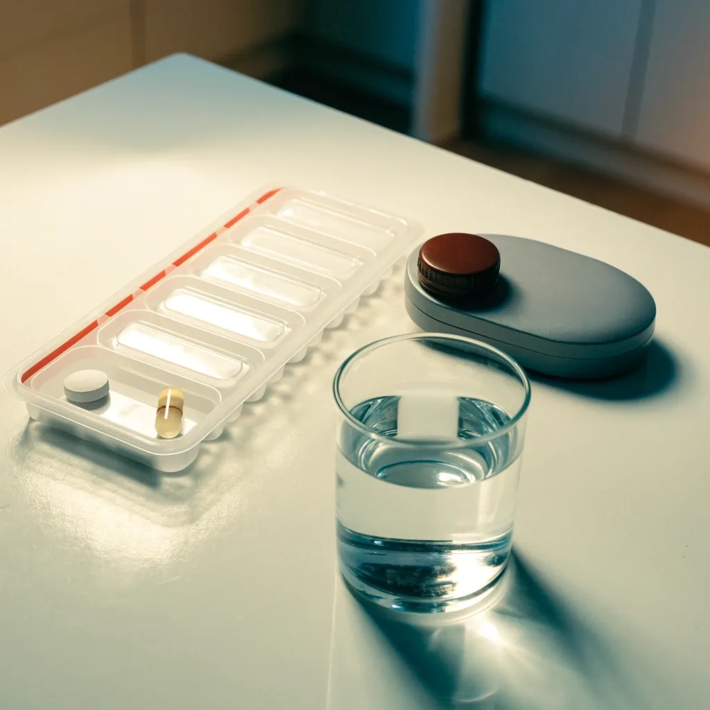 A plain unbranded supplement pack lying face-down beside an open dose tray on a bright counter