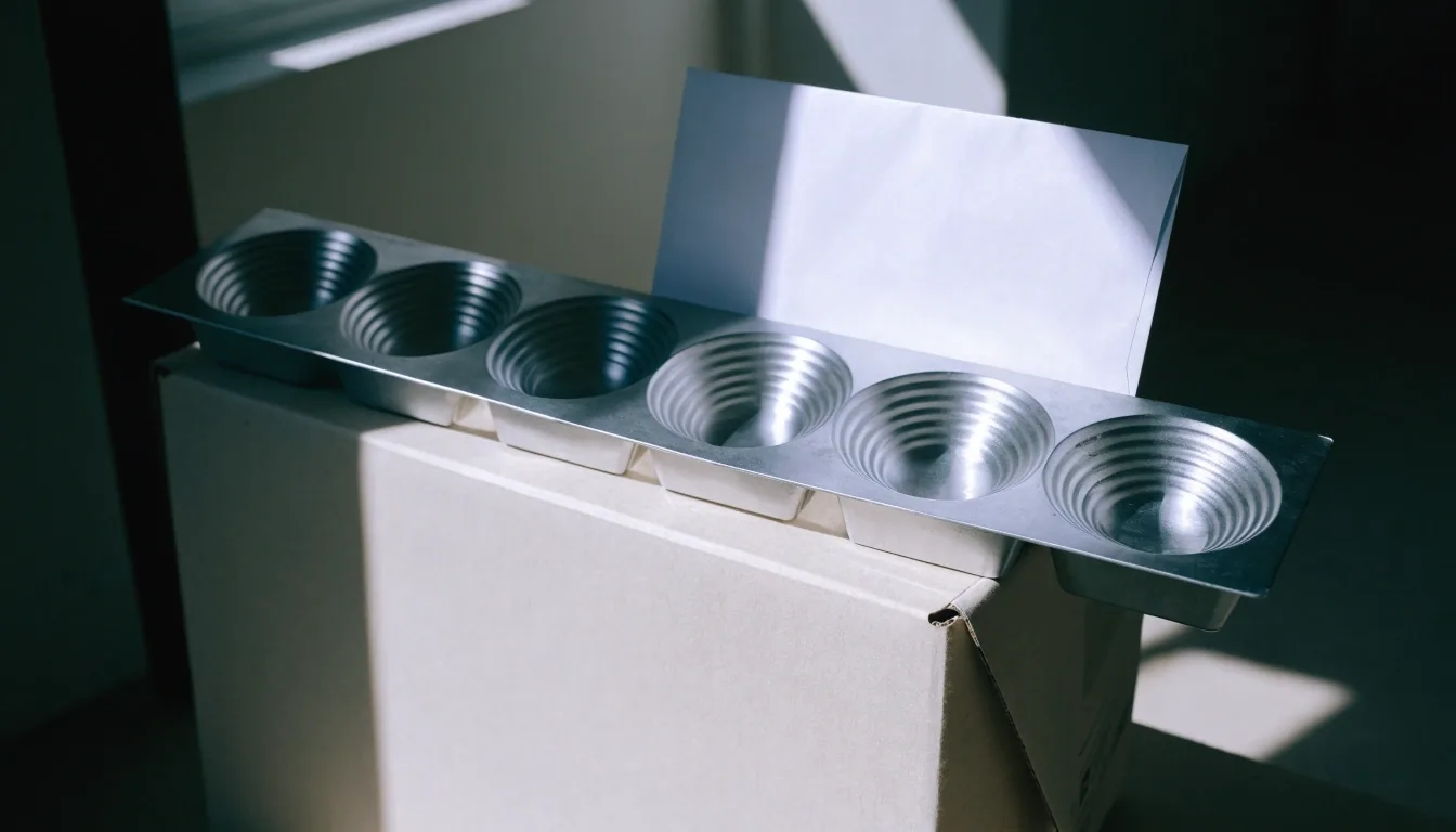 A weekly dose tray resting on the edge of a closed shipping carton beside a plain envelope