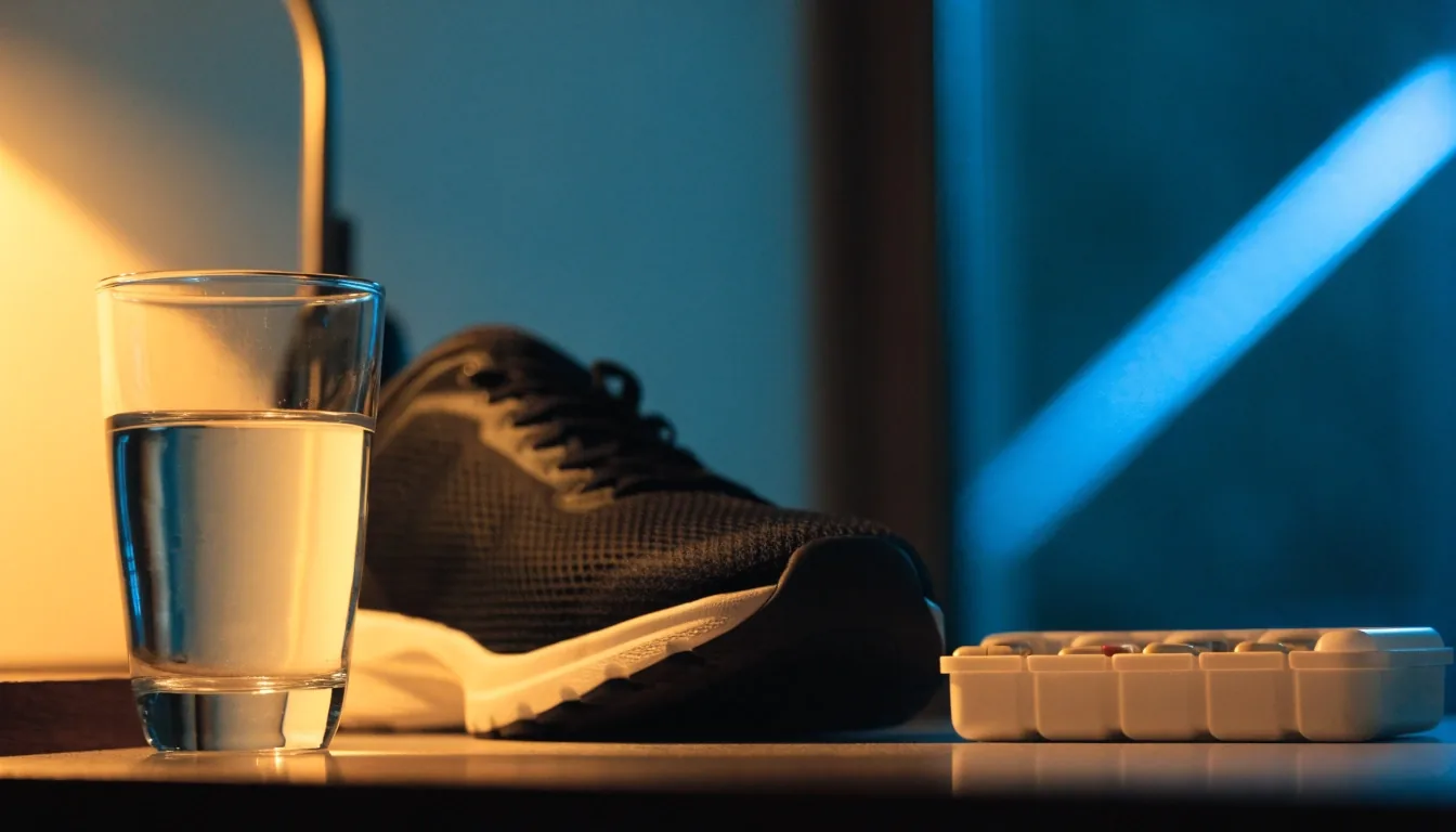 A water glass, a folded running shoe and a closed weekly dose tray on a bedside surface at night
