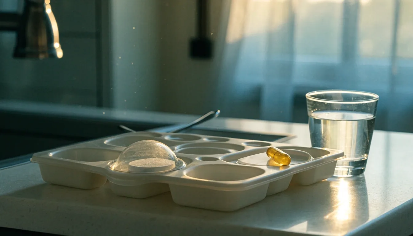 A seven-well weekly dose tray on a bright counter with tablets, a capsule and sachets in the open wells