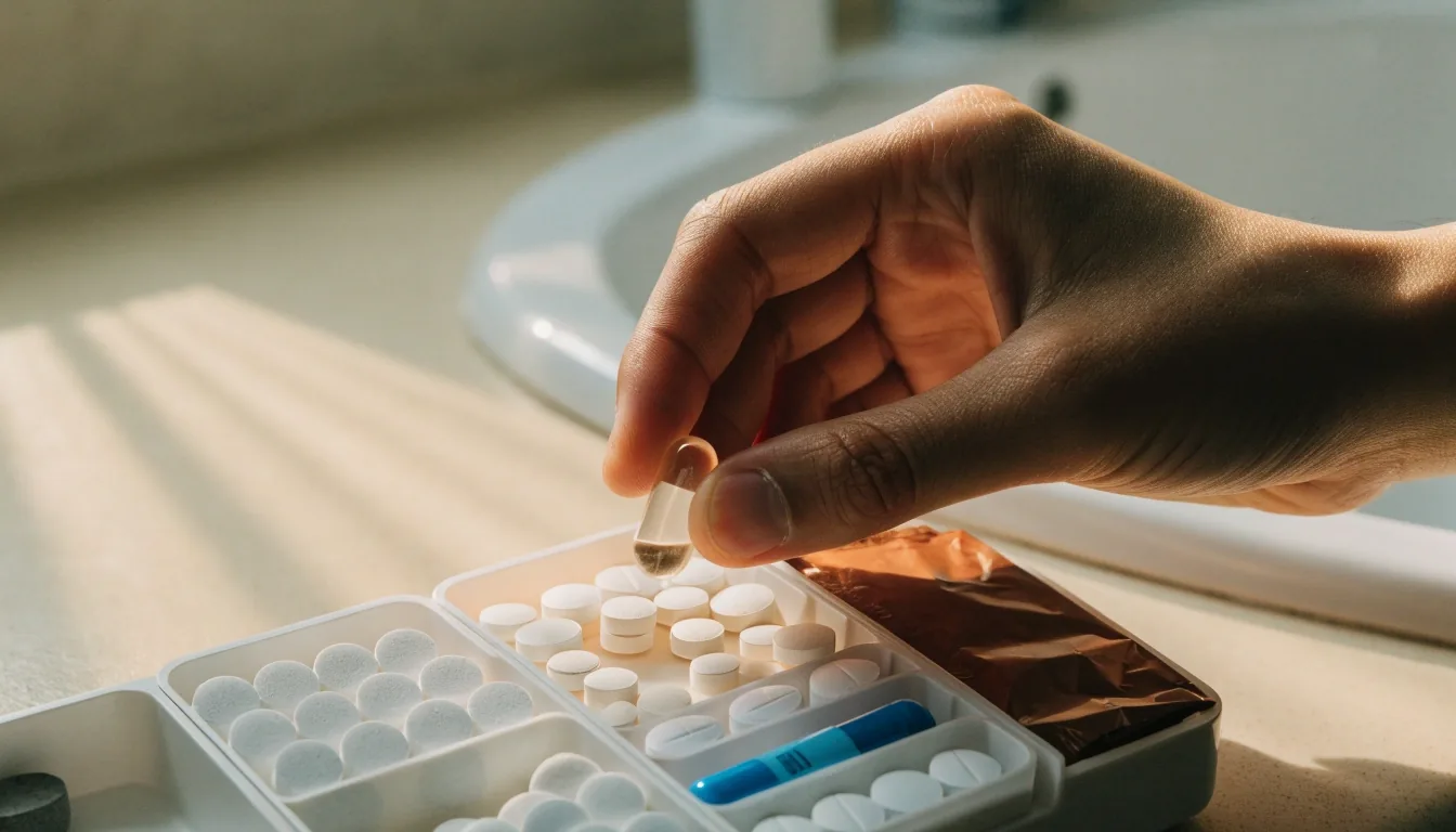 A capsule, a tablet, a sachet and a softgel each lying alone in one of four white wells