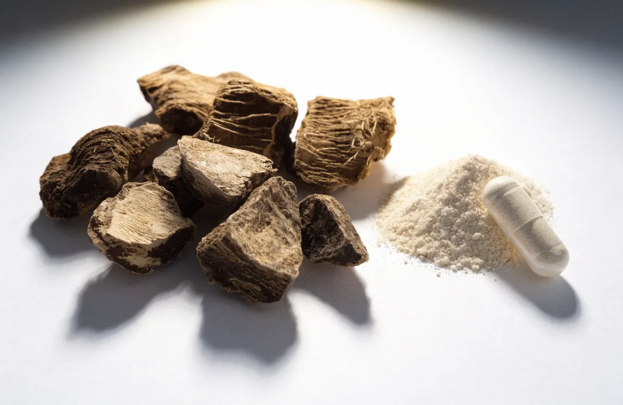 Dried maca root pieces and a heap of pale powder next to a single white capsule on a white surface