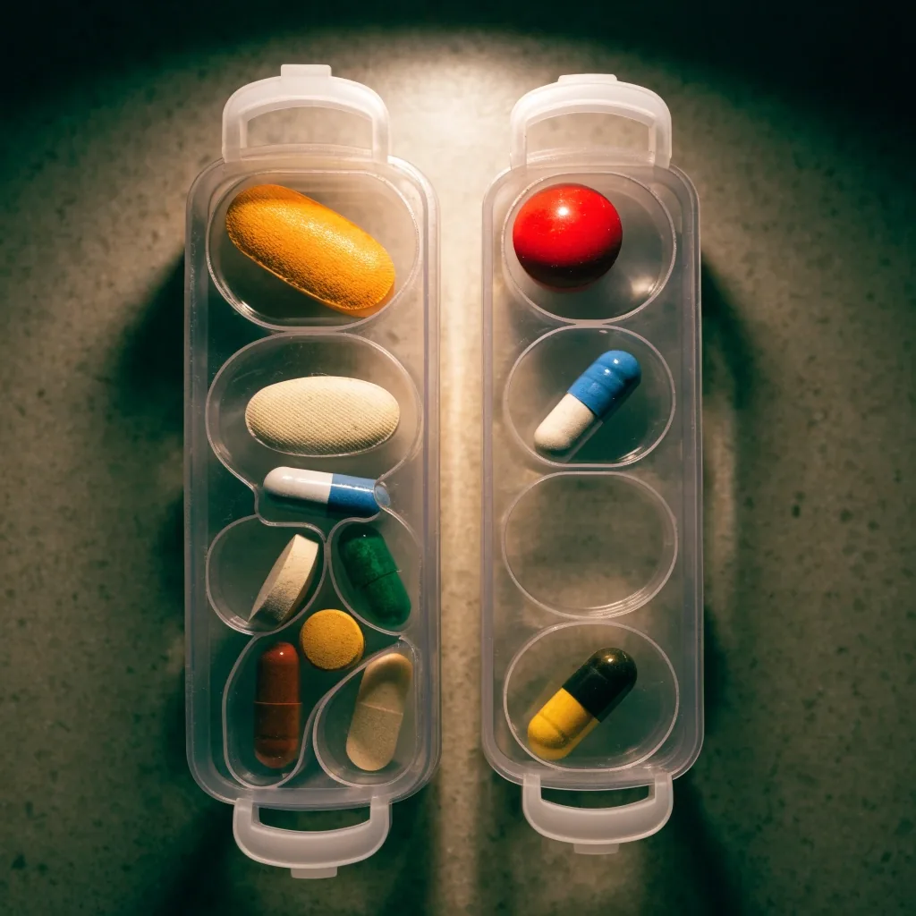 Two weekly dose trays side by side, one with seven filled wells and one with only three