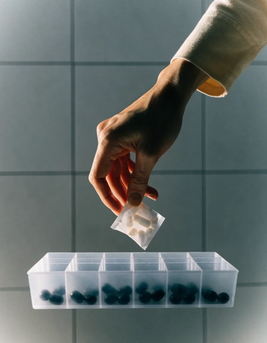 A weekly dose tray resting on a plain counter beside a closed supplement pack