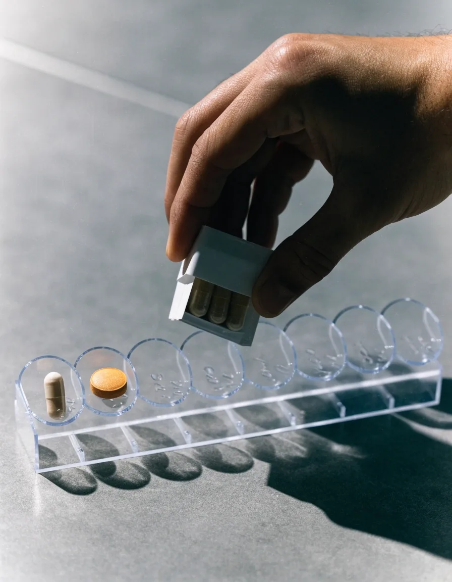 A hand turning a plain supplement pack over above a weekly dose tray on a tile counter