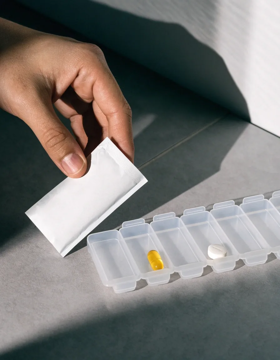 A hand lifting a plain supplement pack from a shelf beside an open weekly dose tray
