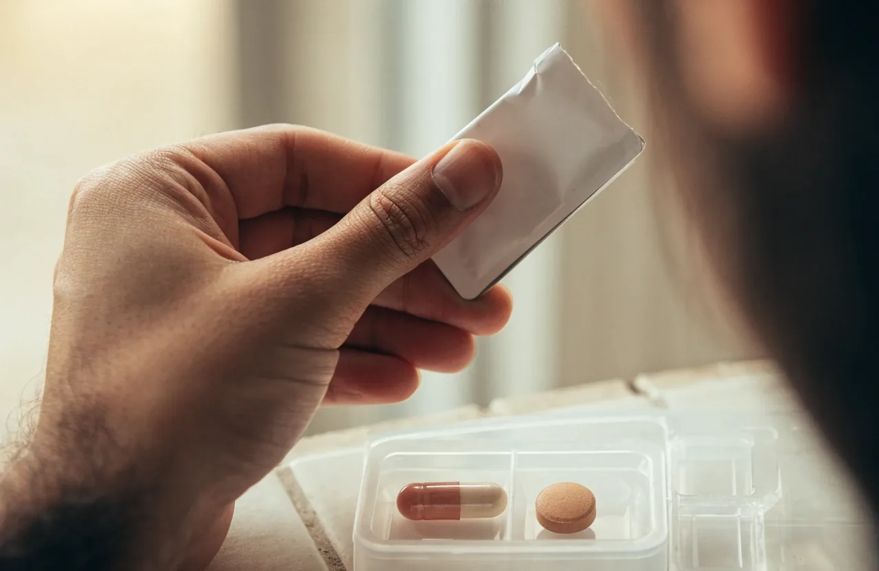A hand holding a plain supplement pack above a counter beside an open weekly dose tray