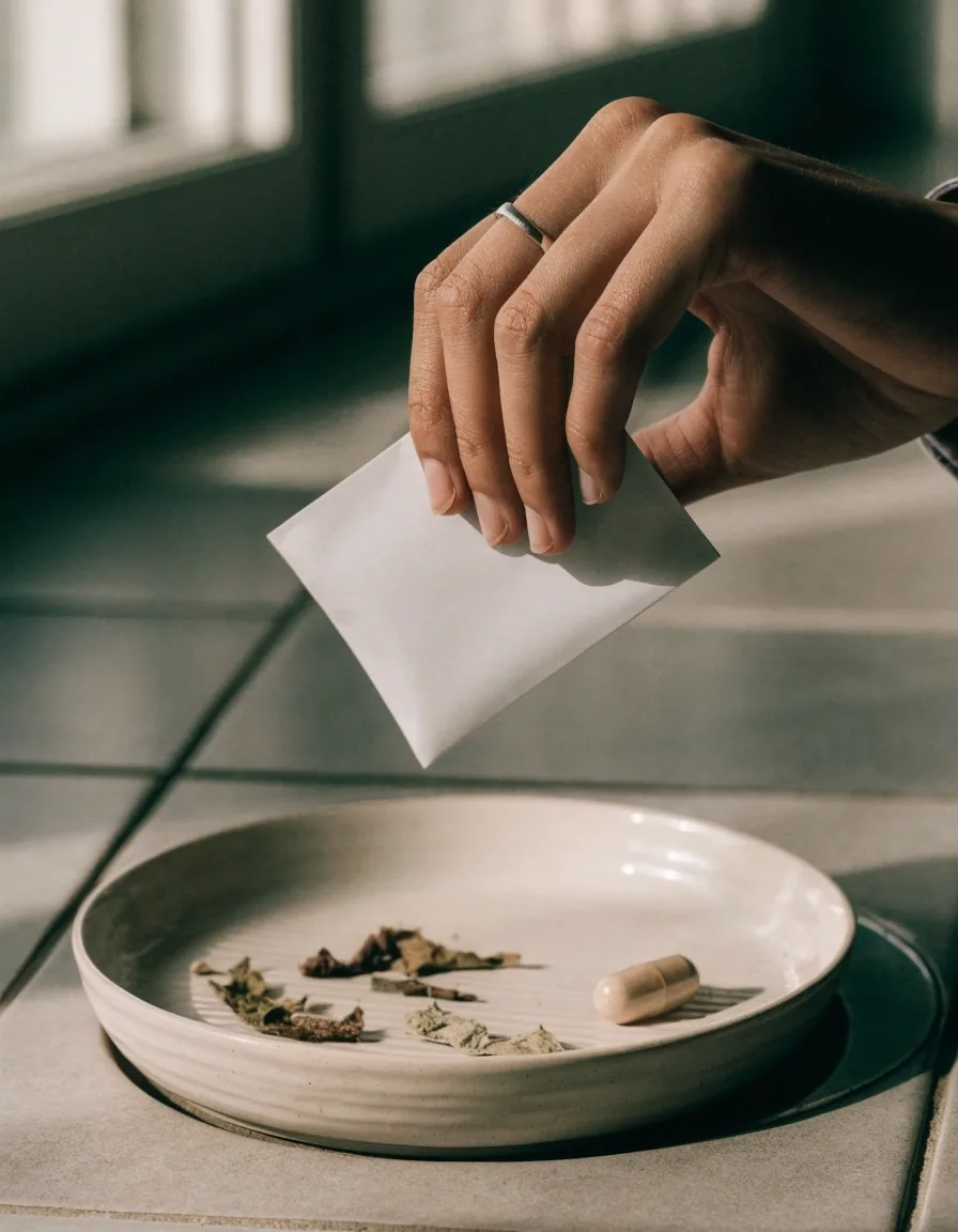 Dried botanical pieces and a powder heap beside a plain filled capsule on a white surface