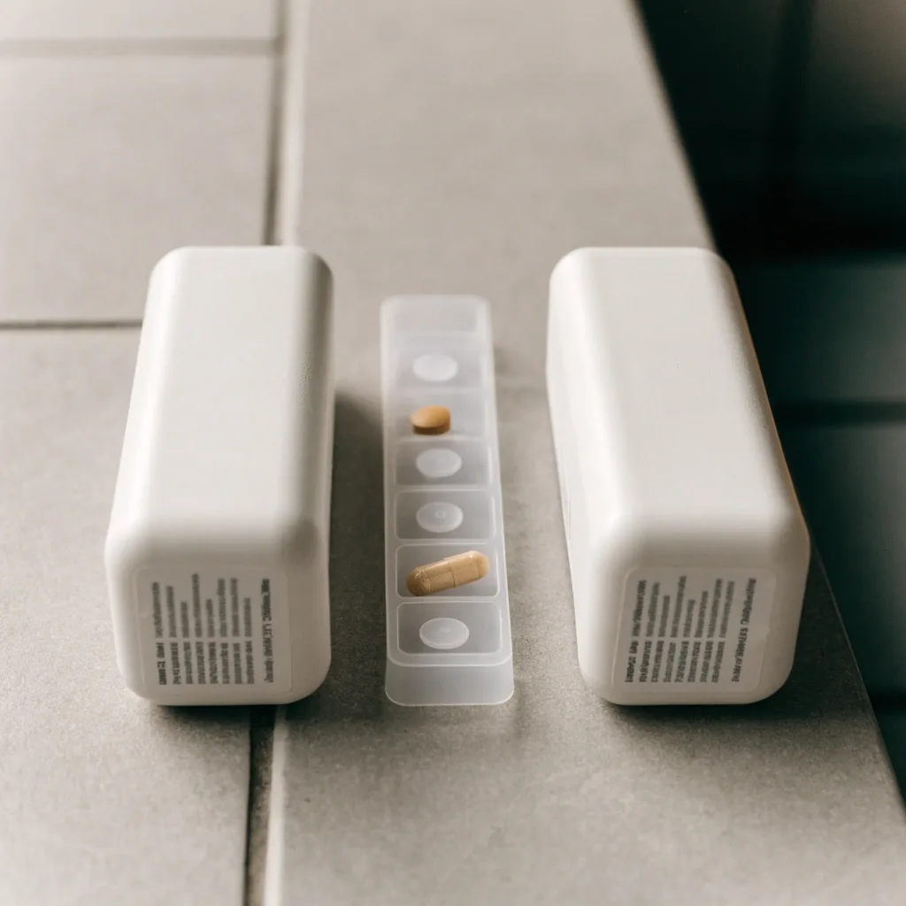 A plain supplement pack laid face-down beside an open weekly dose tray