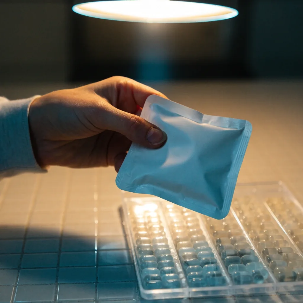 A hand turning a plain supplement pack over above a dose tray on a tile counter