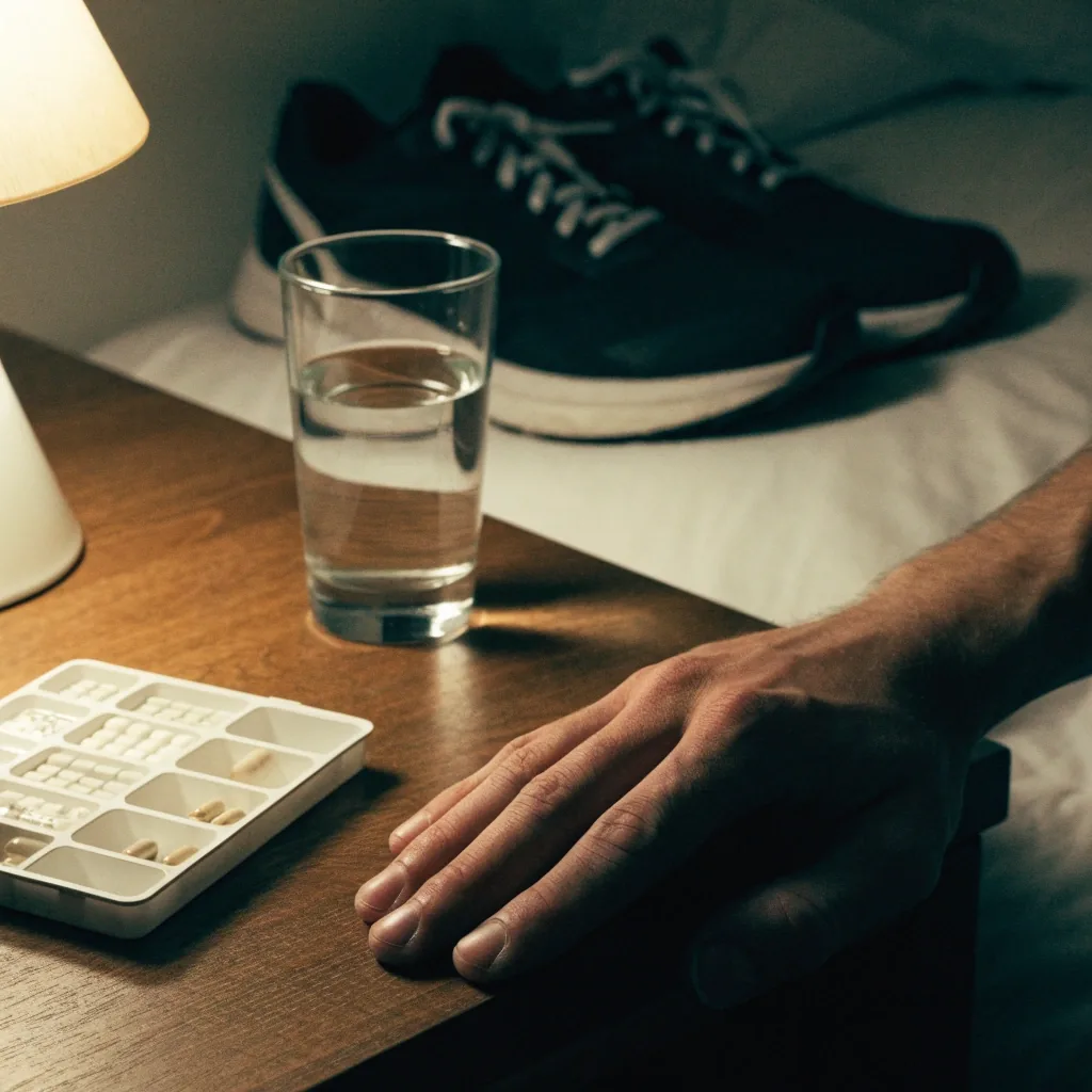A water glass, folded running shoes and a closed dose tray on a bedside surface at night