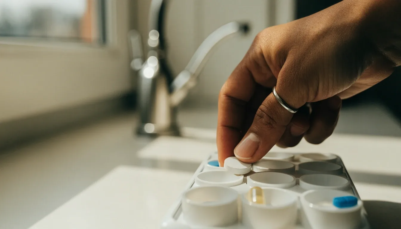 A seven-well weekly dose tray with a tablet and a capsule in open wells on a bright counter