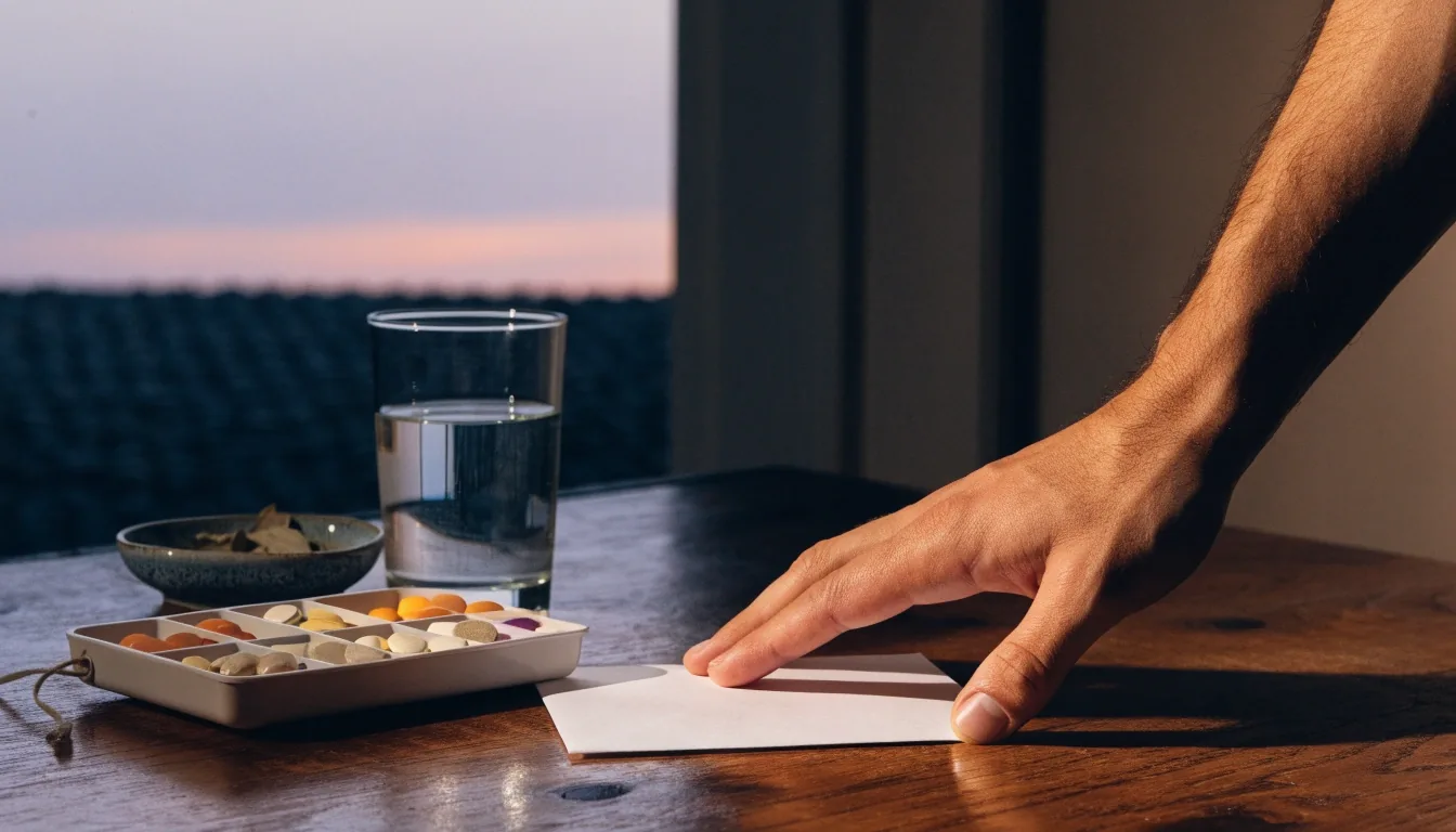A plain carton and envelope on a dark counter at evening beside a glass of water