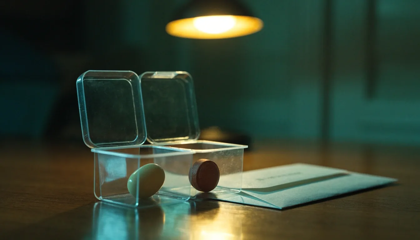 A plain unbranded carton, closed notepad edge and envelope on a dark desk under one lamp