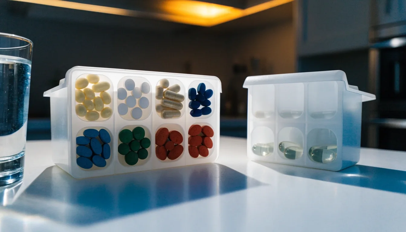 A weekly dose tray open on a bright kitchen counter at night beside a glass of water
