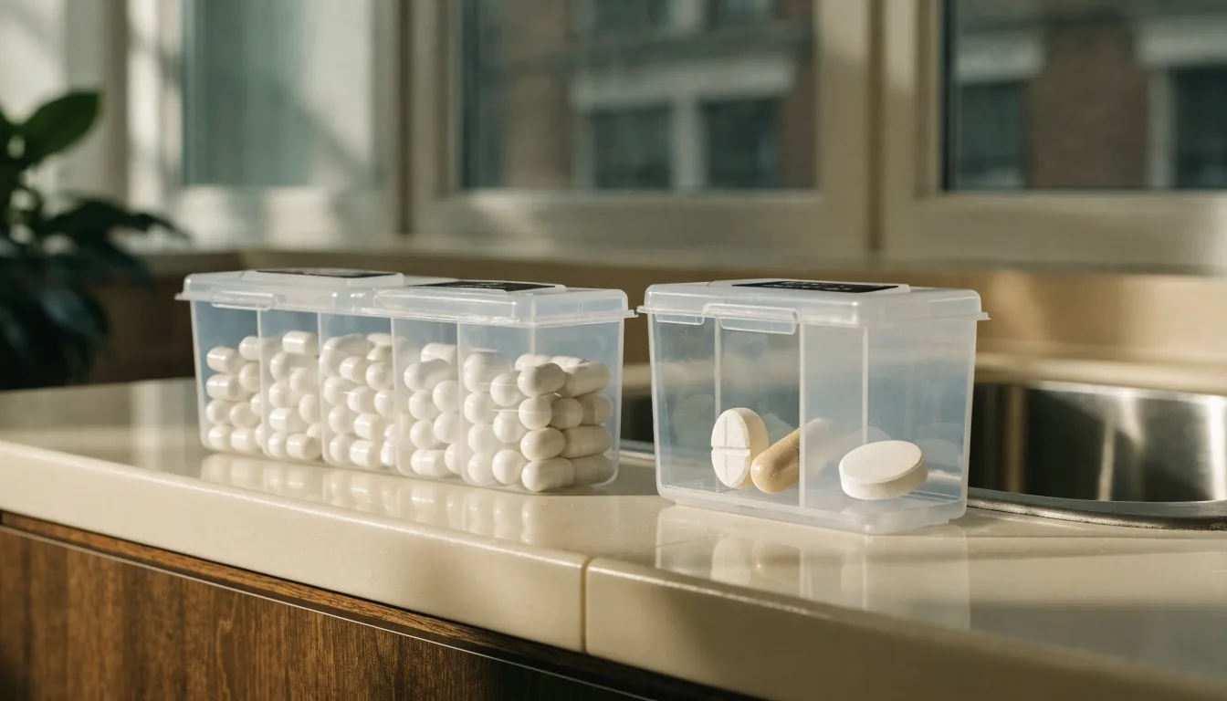 Two weekly dose trays side by side on a bright counter, one with seven filled wells and one with three