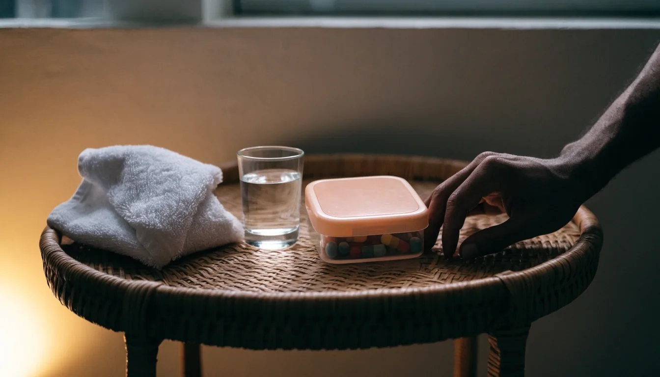 A closed dose tray and a glass of water on a side table in a quiet evening living room