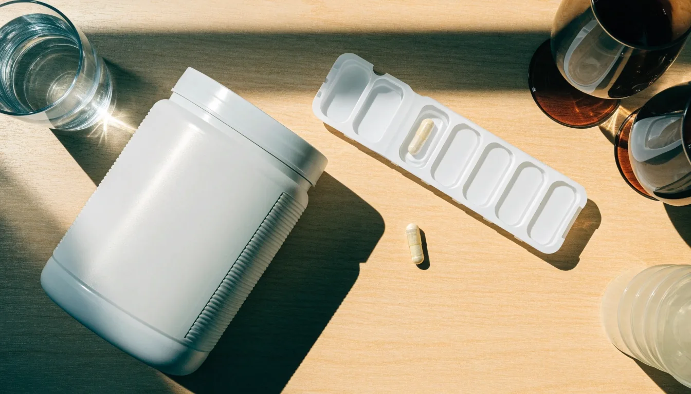 An unbranded supplement container lying beside an open dose tray on a daylight desk surface
