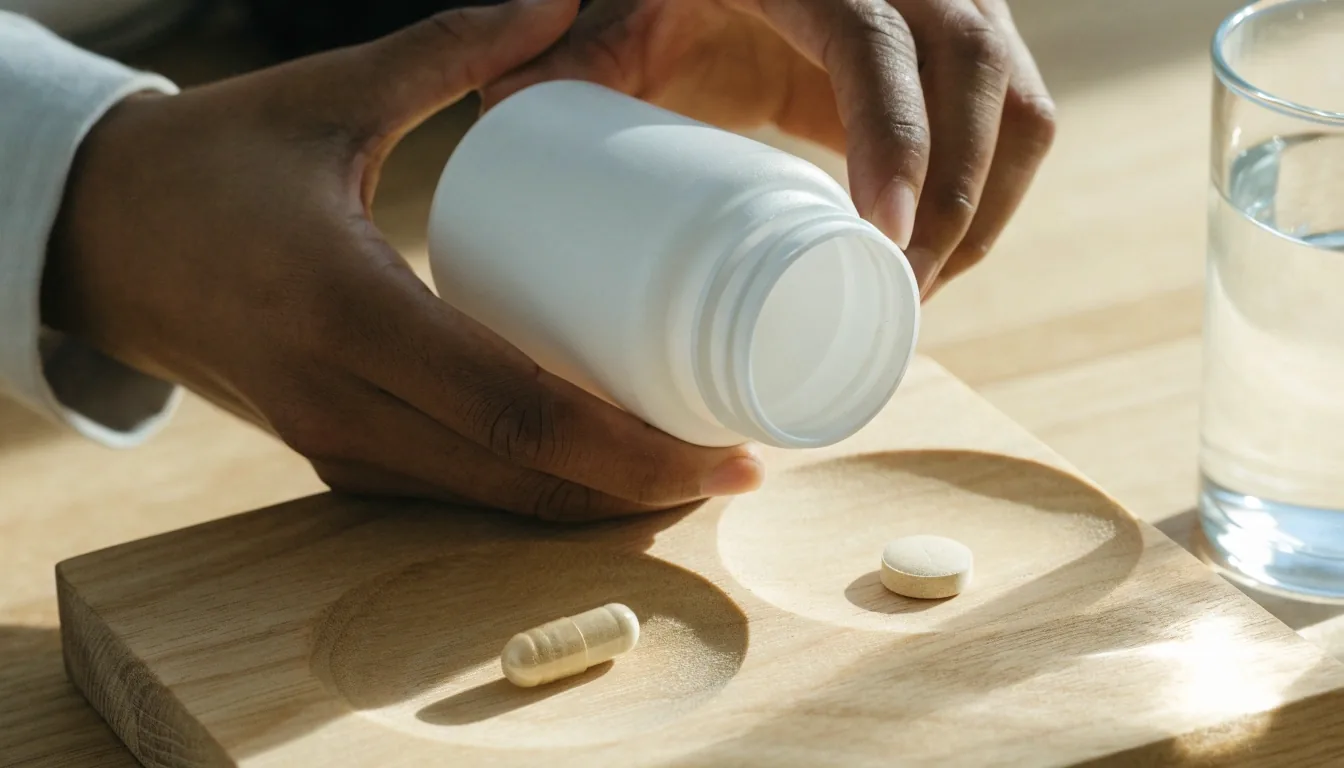 Unbranded supplement containers and a water glass on a bright kitchen counter in the morning